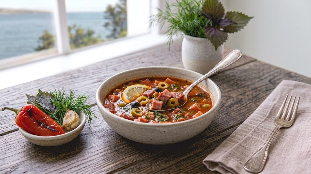 Freshly prepared homemade Solyanka Soup Soup served on a rustic plate ready to enjoy.