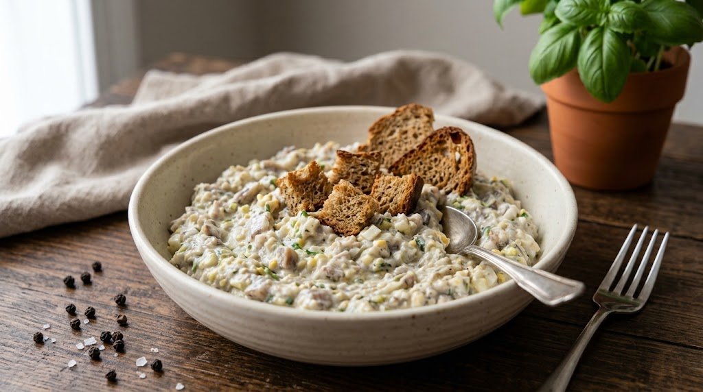 Freshly prepared homemade The Most Popular Herring Forshmak Herring Spread served on a rustic plate ready to enjoy.