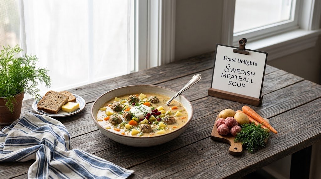 Hearty Swedish Meatball Soup with garnishes, rye bread, and fresh vegetables on a rustic table.