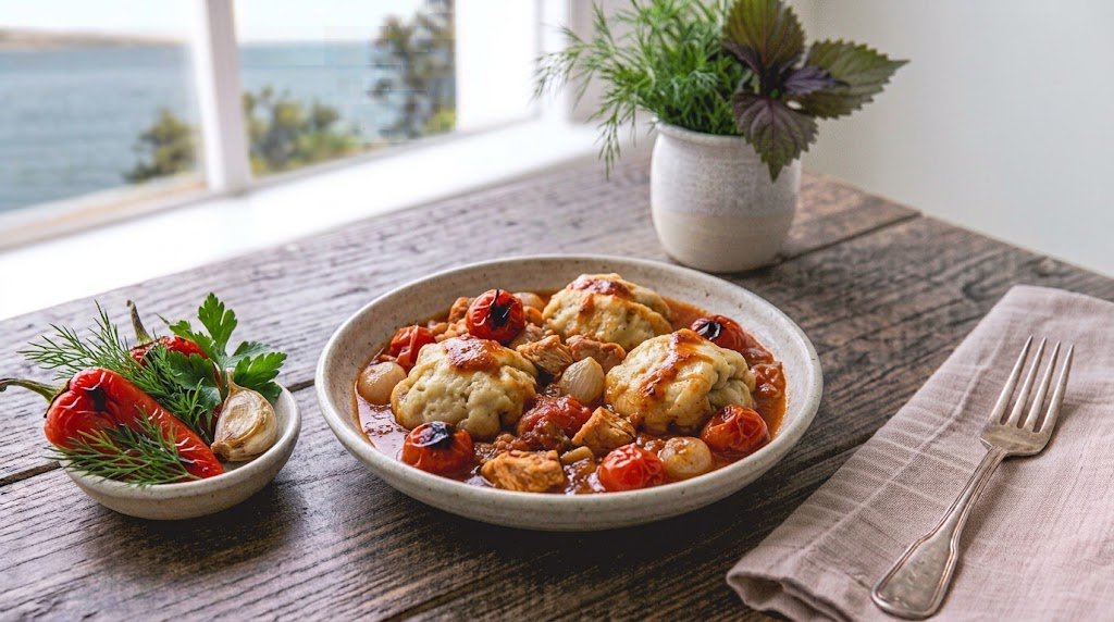 Freshly prepared homemade Chicken and Dumplings served on a rustic plate ready to enjoy.