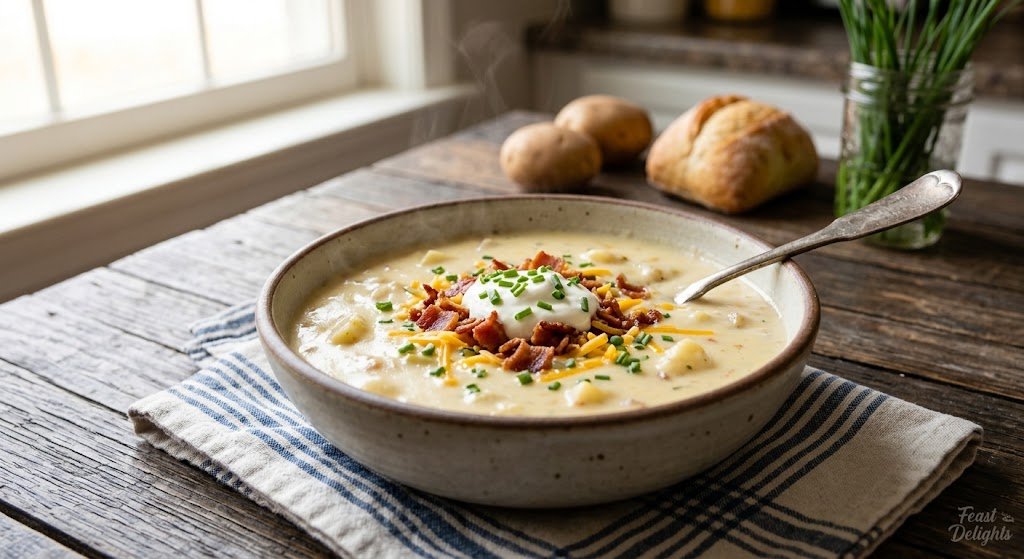 Graphic image showing text 'Creamy loaded baked potato soup with bacon, cheese, and chives. Meta Data: Content: Potato Soup with various toppings.', over a blurred background of a soup bowl.