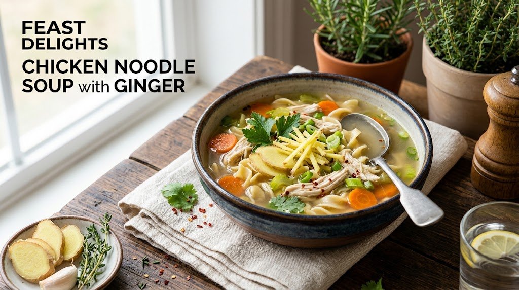 A close-up 45-degree photo of chicken noodle soup with visible julienned ginger and vegetables.