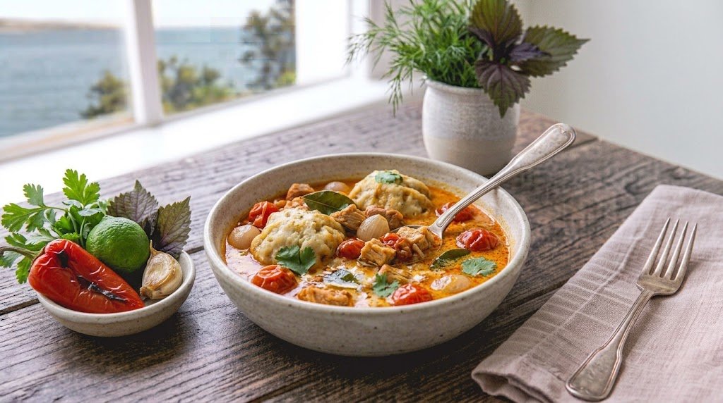 Freshly prepared homemade Thai Coconut Curry Soup served on a rustic plate ready to enjoy.