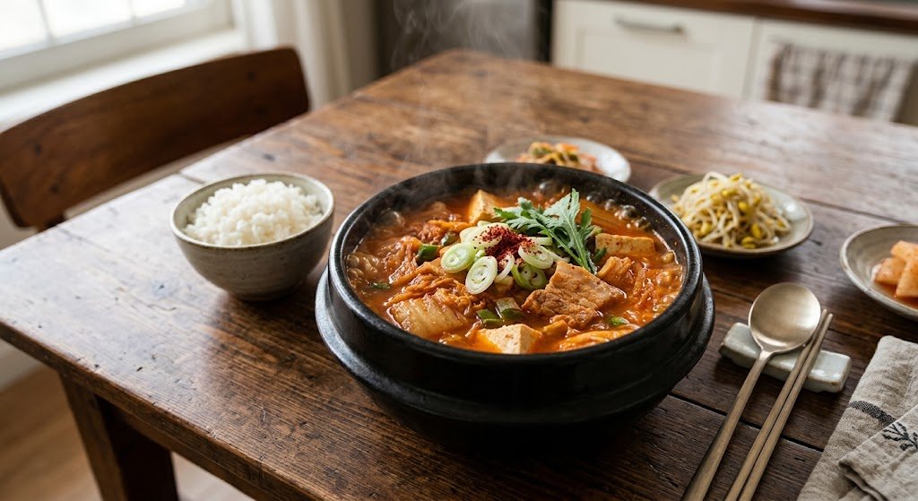 A bubbling traditional earthenware pot of Korean Kimchi Jjigae (Kimchi Stew) with pork belly, tofu, and scallions, served on a rustic wooden table alongside steamed rice and assorted banchan (side dishes).