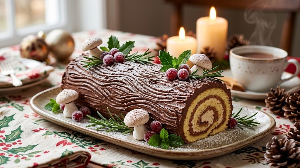 A festive, dark chocolate Buche de Noel Yule Log cake decorated with meringue mushrooms, sugared cranberries, and fresh rosemary sprigs, resting on a rustic platter on a holly-and-berry patterned tablecloth.