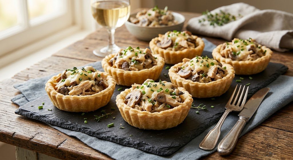 Golden baked pastry tartlets filled with creamy shredded chicken and sautéed mushrooms, topped with melted cheese and chopped chives, served on a dark slate platter.