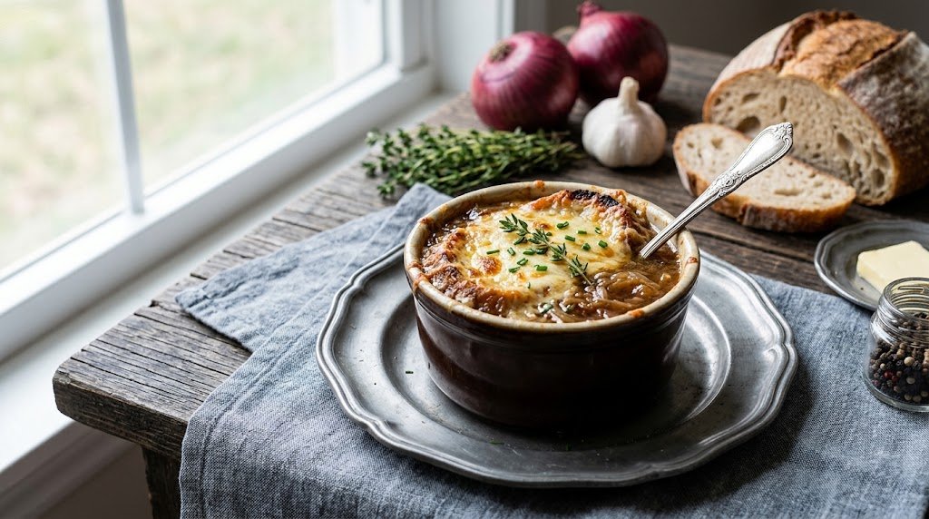 Classic French Onion Soup with melted Gruyère cheese, thyme, and crusty bread on a table.