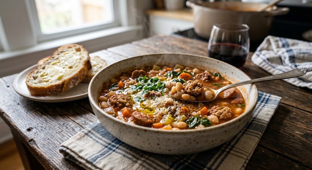 A steaming bowl of homemade sausage and white bean stew on a wooden table.