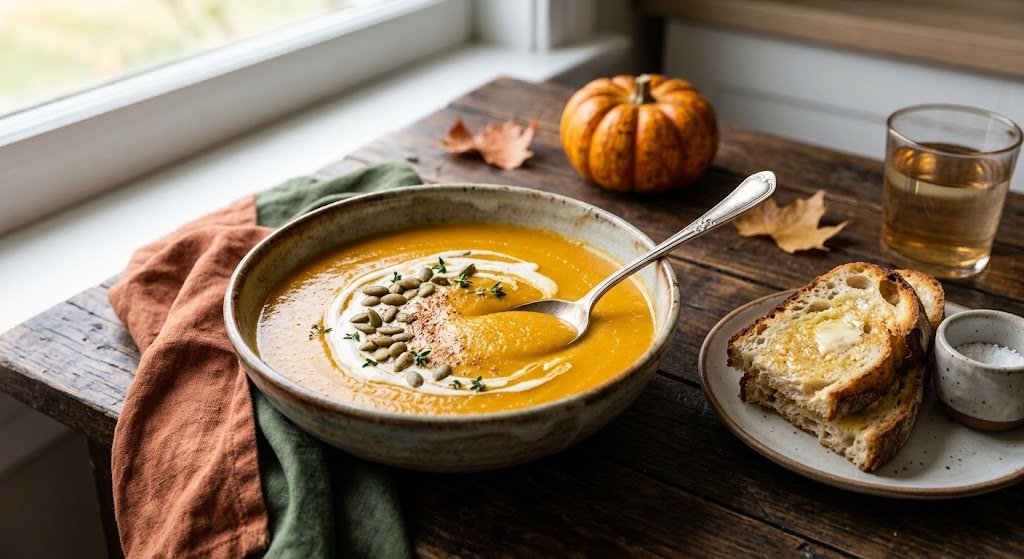 A rustic bowl of creamy pumpkin puree soup topped with a cream swirl, pumpkin seeds, and thyme, served on a wooden table with buttered sourdough bread and autumn leaves.