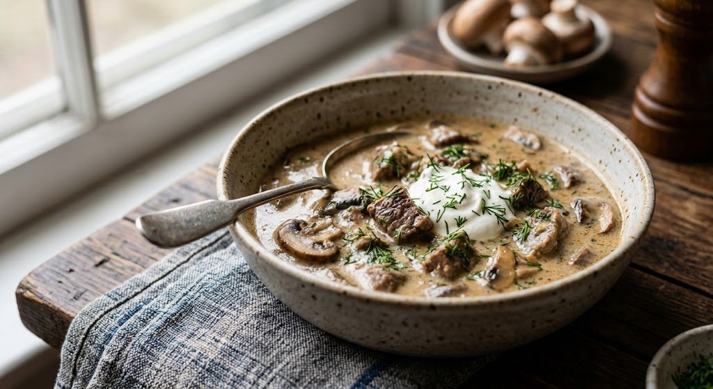 A steaming ceramic bowl of creamy beef stroganoff soup garnished with fresh dill.