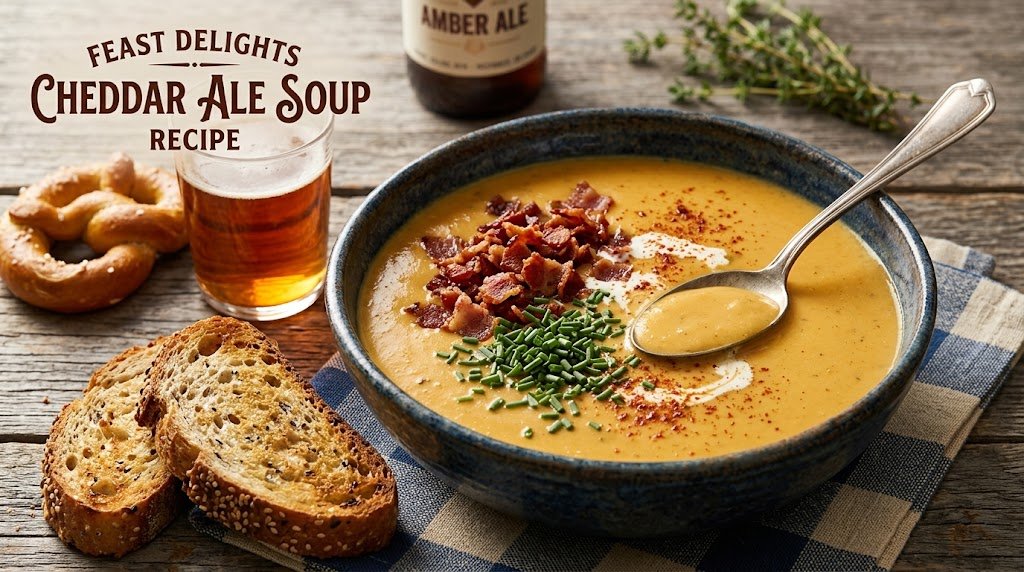 A close-up photograph of a hearty bowl of orange cheddar ale soup in a blue ceramic bowl on a wooden table. The soup is garnished with crumbled bacon and green chives. Next to it are two slices of toasted bread, a small pretzel, and a taster glass of beer. In the background is a bottle labeled 'Amber Ale' and fresh thyme.