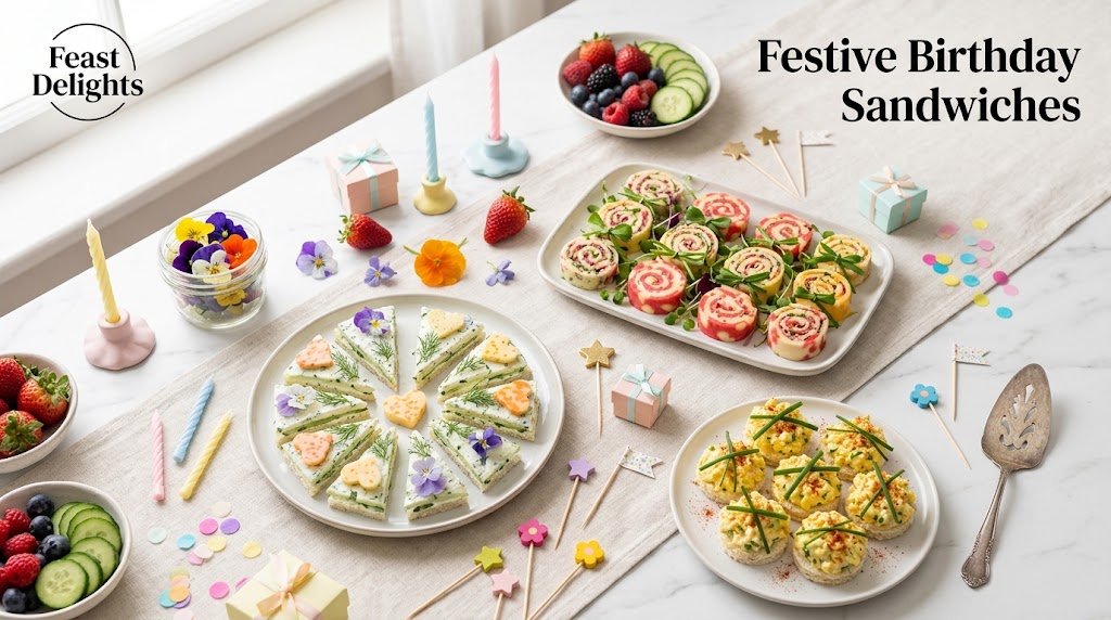 Elegant birthday mini-sandwiches, candles, flowers, and tiny gifts