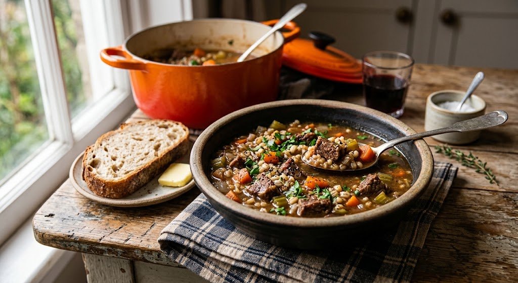 A close-up, rustic-style photograph of a steaming bowl of beef and barley stew on a wooden table, served with crusty sourdough bread and butter. An orange Dutch oven is in the background.