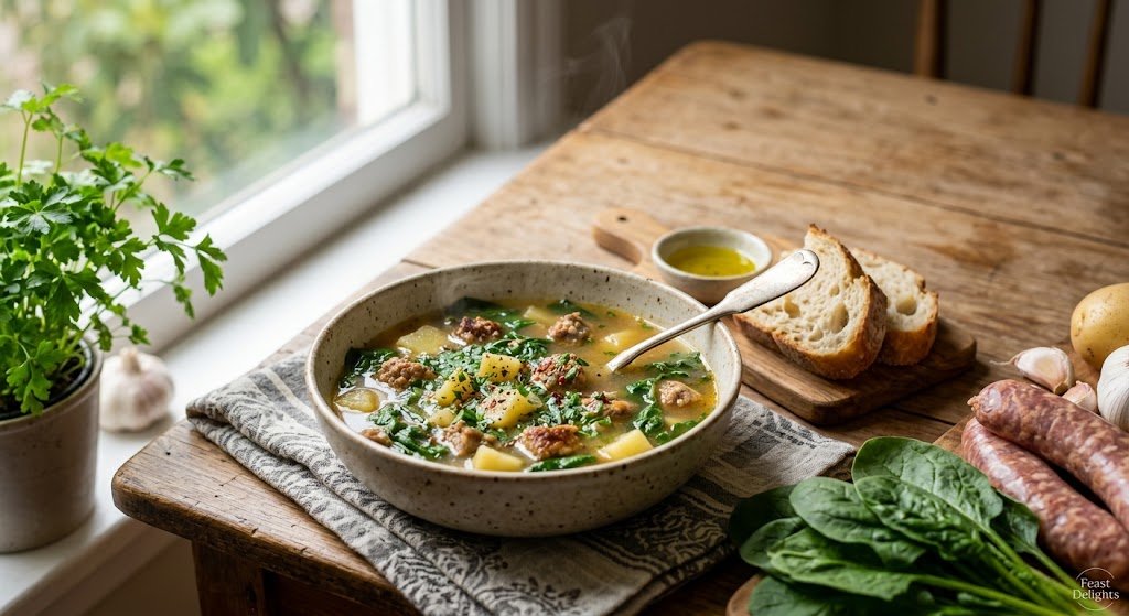 A rustic bowl of sausage and potato soup with fresh spinach and bread on a wood table.