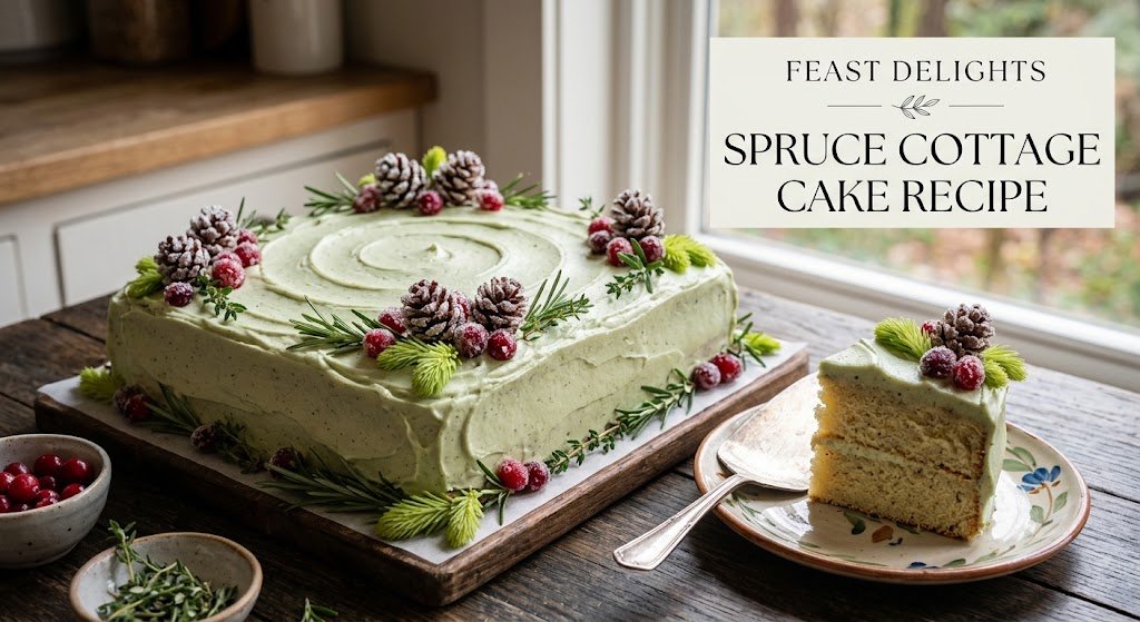 Frosted spruce cottage cake garnished with rosemary pinecones and a sliced piece.