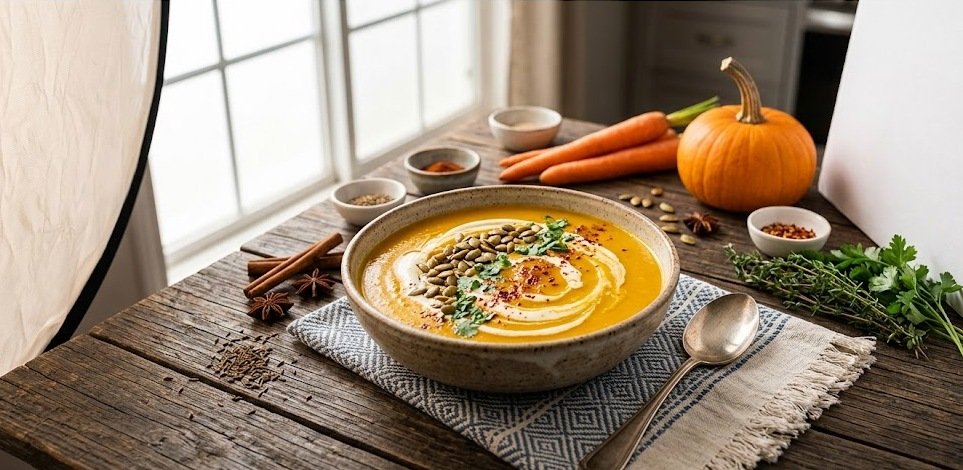 A bowl of spiced pumpkin and carrot soup topped with toasted seeds and cream.
