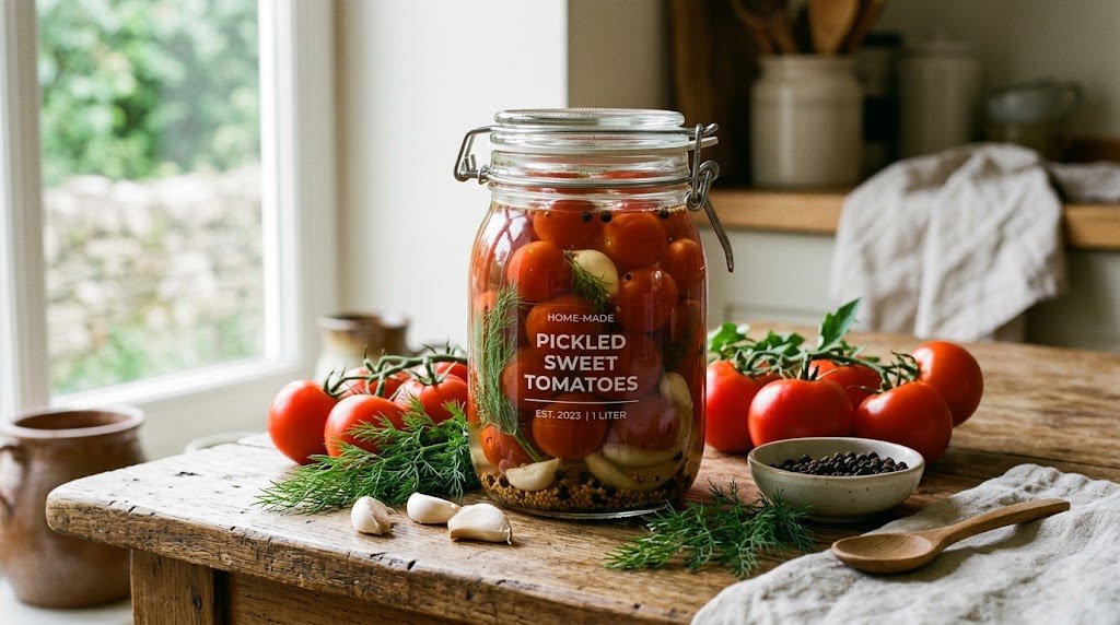 One liter glass jar of sweet pickled tomatoes with fresh dill and garlic