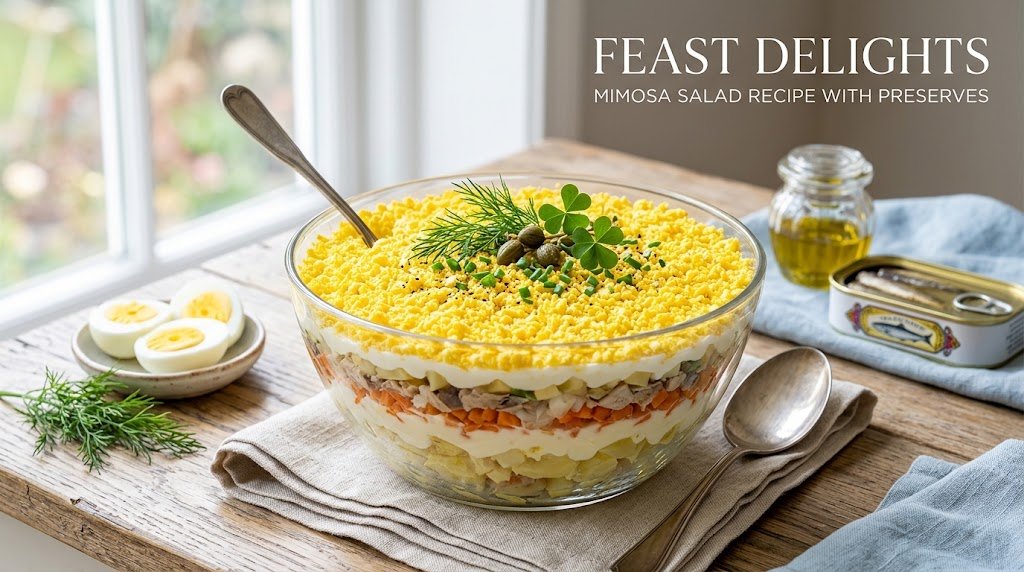 A beautiful layered Russian Mimosa salad in a glass bowl, topped with grated egg yolk.
