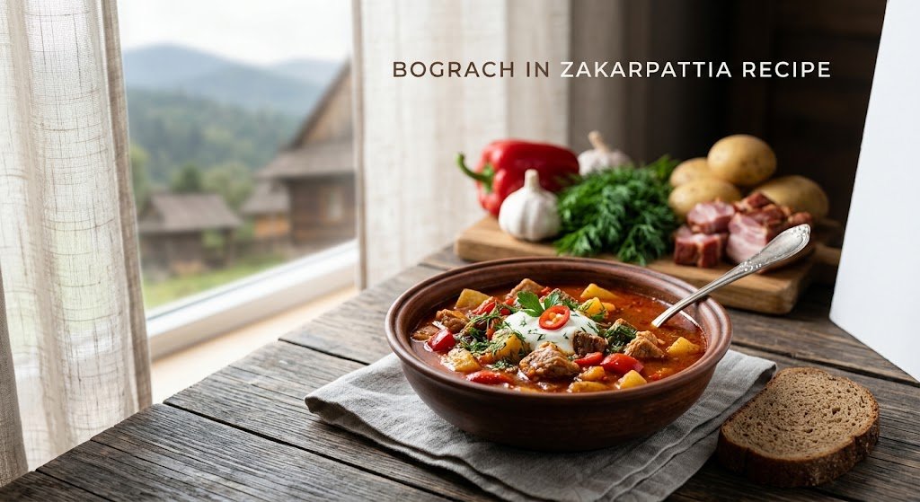 Rich Zakarpattian bograch meat stew garnished with sour cream beside dark rye bread.