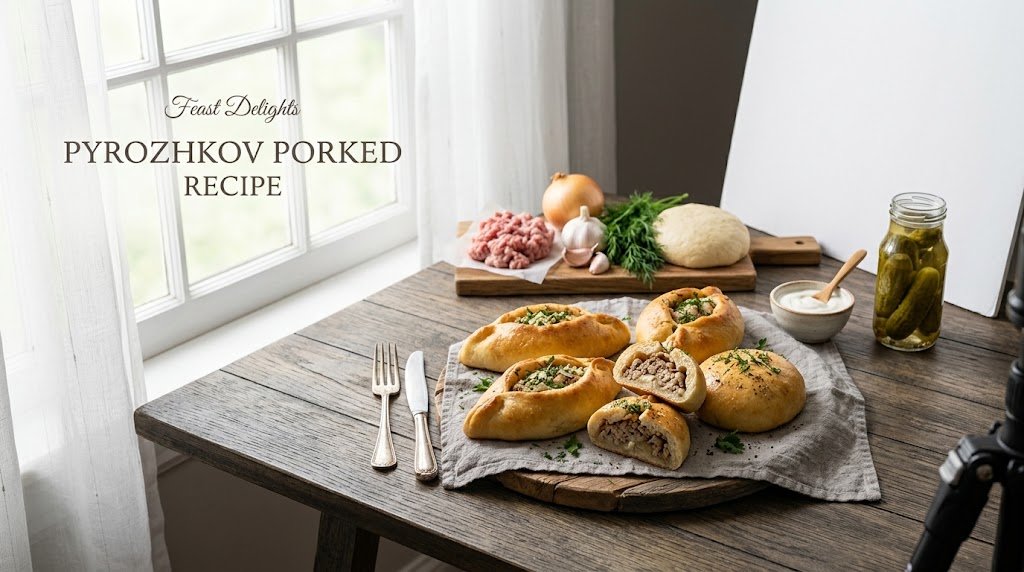 Golden baked piroshki pastries filled with pork on a rustic table with recipe title.