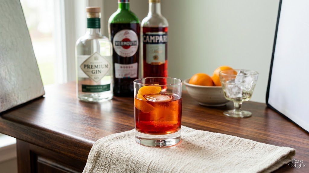A perfectly crafted Negroni cocktail with an orange twist, resting on a textured linen cloth with ingredient bottles in the background.