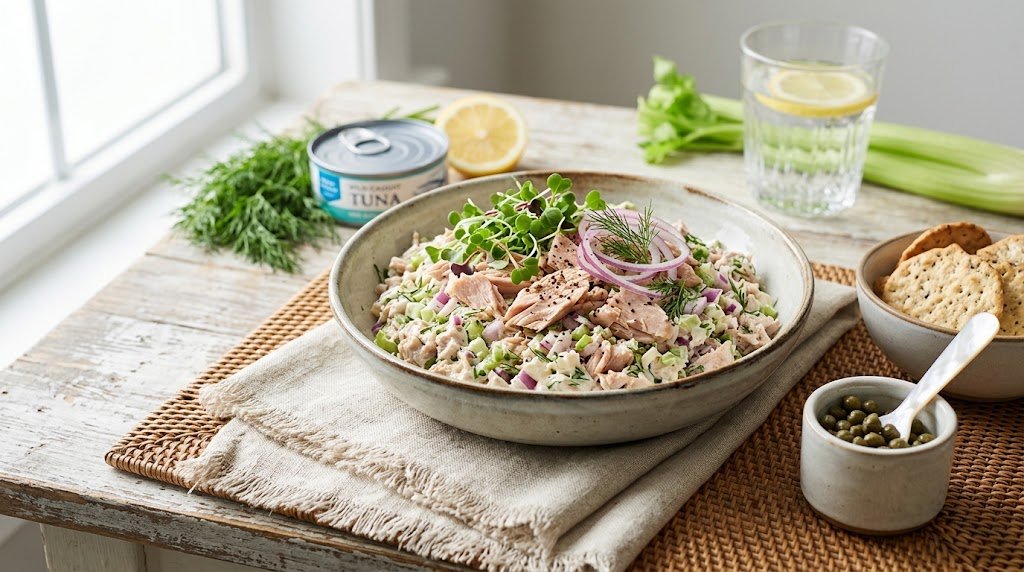 Classic Homemade Tuna Salad Served in a Rustic Ceramic Bowl with Crackers