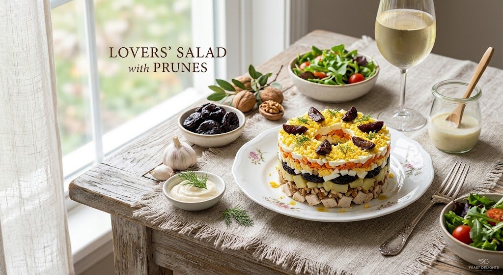 Layered chicken and prune lovers salad garnished with egg yolk beside white wine