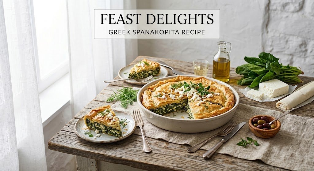 A whole traditional Greek Spanakopita pie, slices, and fresh ingredients on a rustic table.