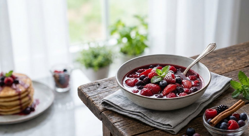 A bowl of sweet berry compote garnished with mint beside stacked pancakes.