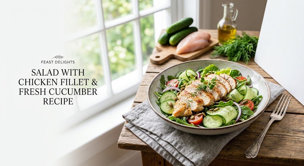 Healthy chicken salad with cucumber, red onion, pumpkin seeds, and fresh dill