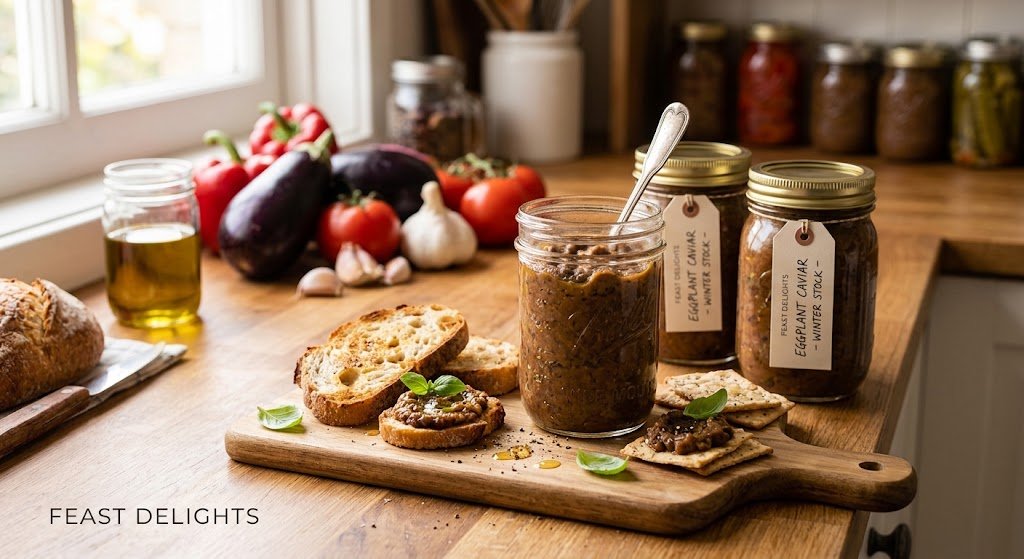 Glass jars of canned eggplant caviar alongside toasted bread topped with savory spread.