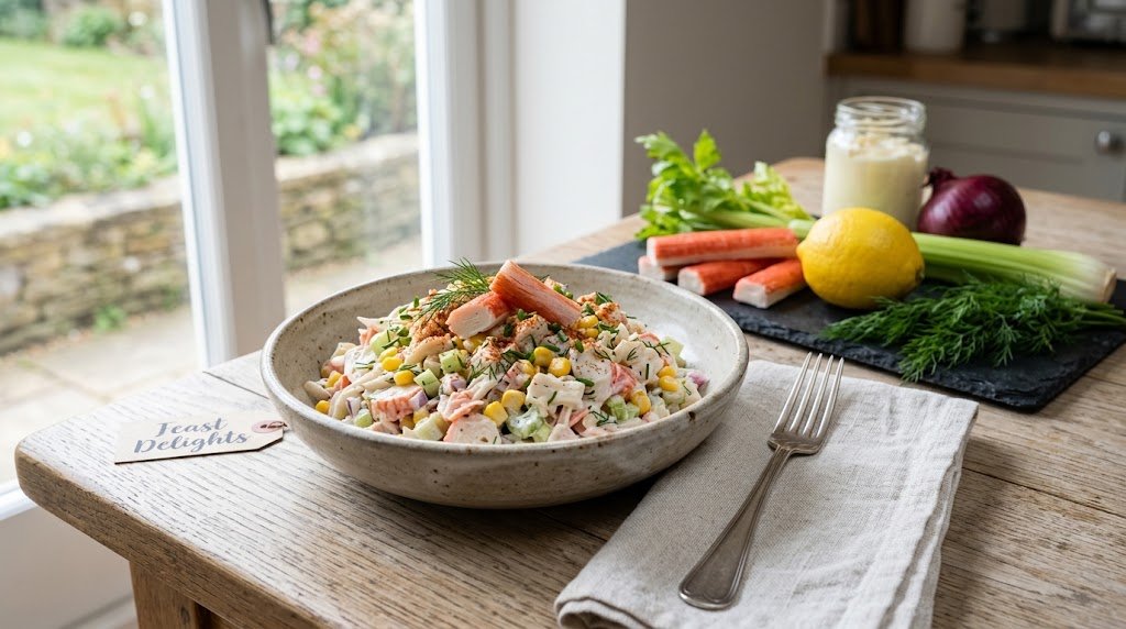 A large bowl of crab stick and corn salad on a wooden table with fresh ingredients nearby