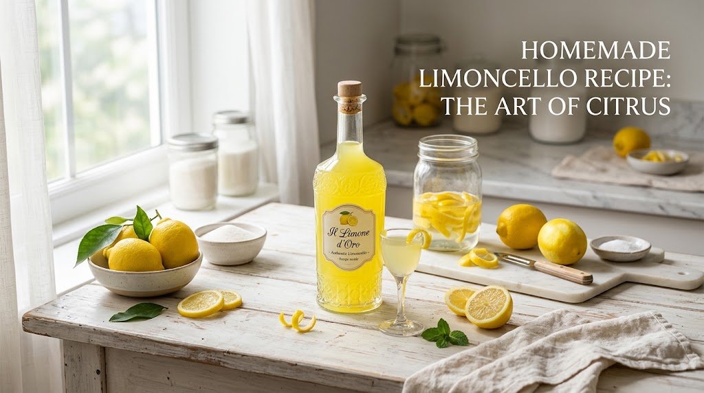 Rustic counter displaying a limoncello bottle, whole and sliced lemons, sugar, and mint, with text overlay