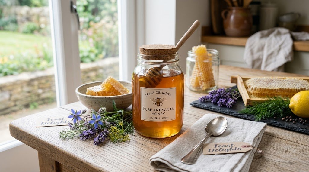 A glass jar of Feast Delights Pure Artisanal Honey on a rustic kitchen table