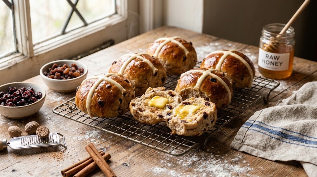 Golden hot cross buns on a wire rack with butter melting inside.