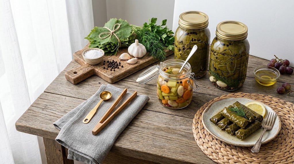 Glass jars of pickled grape leaves in salamur brine alongside fresh vine leaves.
