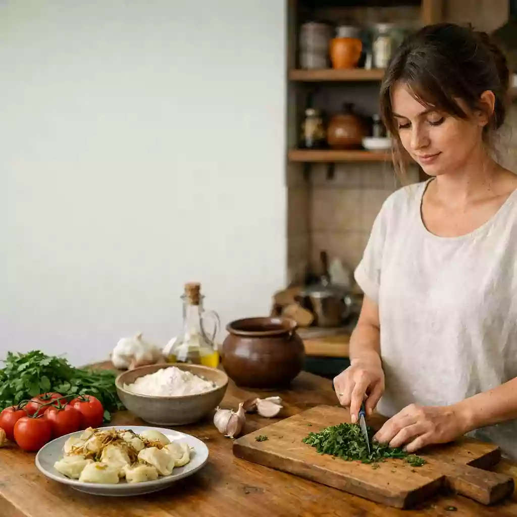 Українська жінка готує домашню страву на кухні з натуральних інгредієнтів