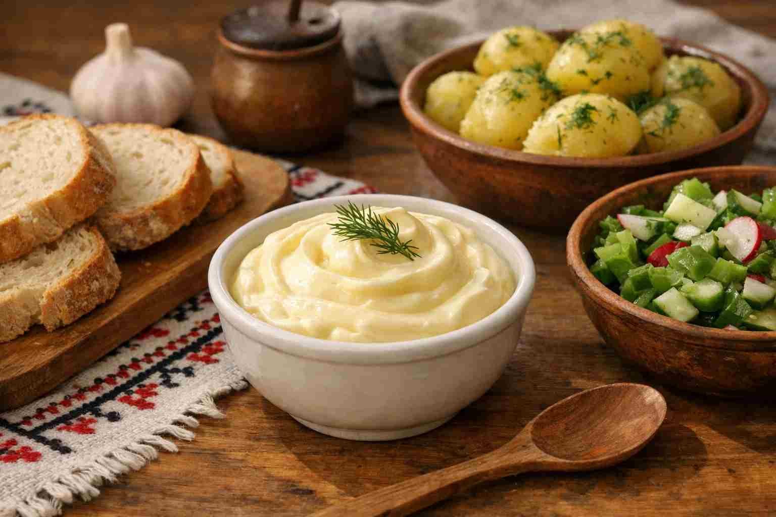 домашний майонез подача с хлебом и овощами